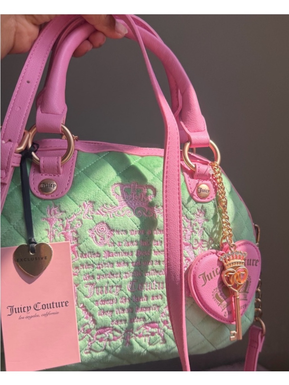 Nwt Juicy Couture Pink & Green Quilted Satchel with Heart Charm
